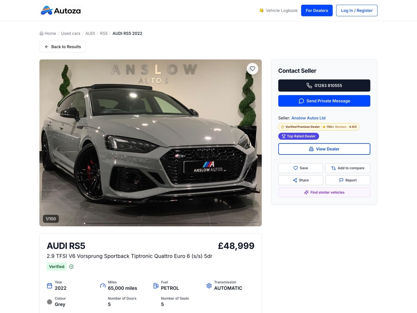 A live Autoza listing page: a 2022 Audi RS5 at £48,999 from Anslow Autos, with the dealer's phone number and review rating